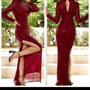 Red, Mock Neck,  Long Sleeved,  Keyhole Back,  Sequined Mermaid Maxi Gown